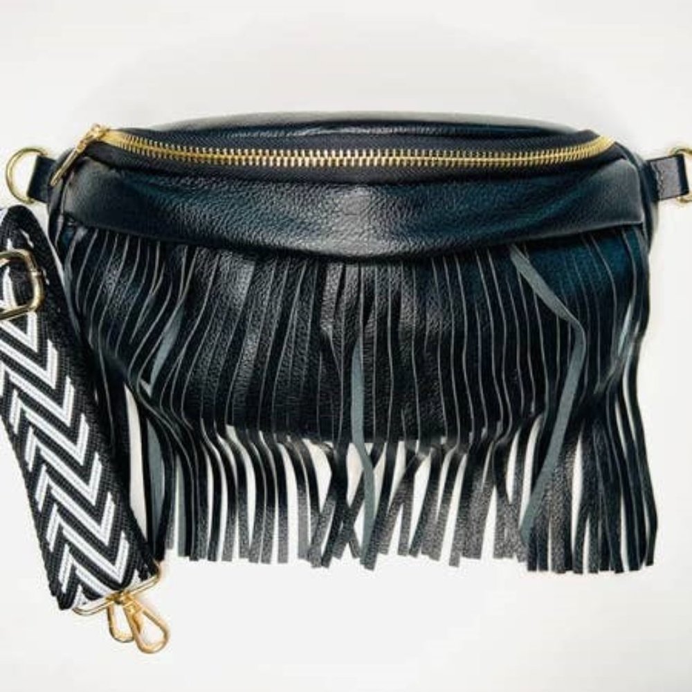 Black Fringe Leather Crossbody Bag with Chevron Strap